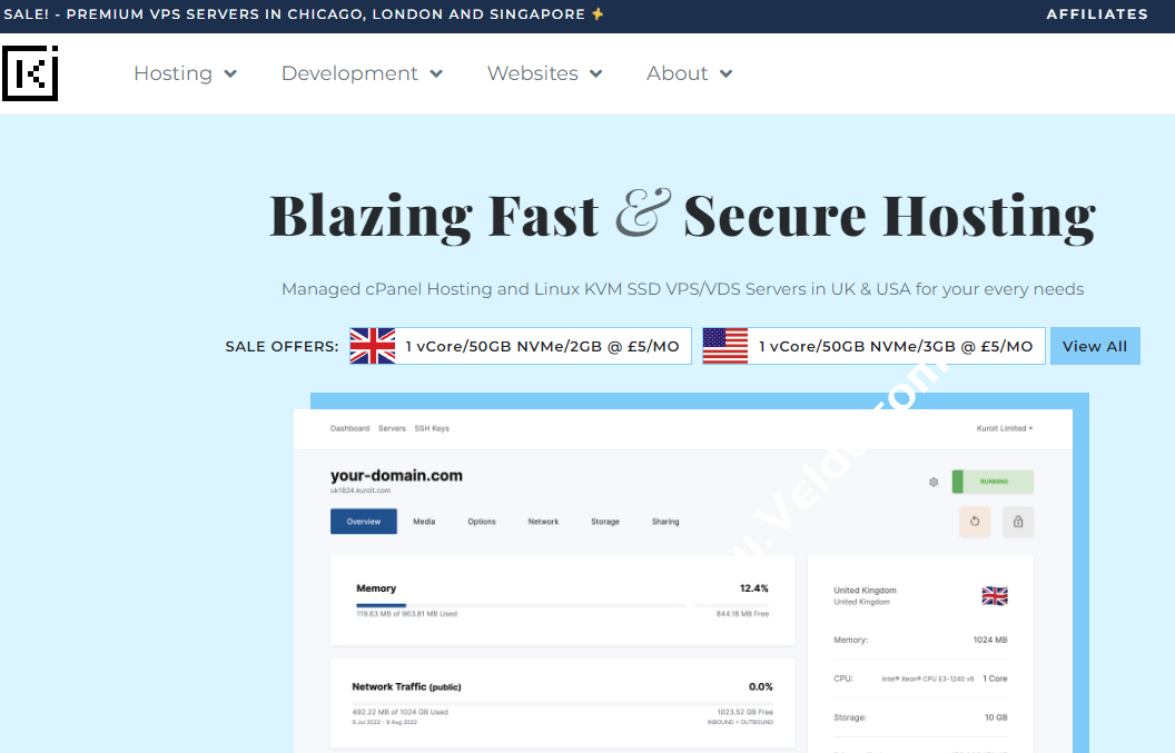 Kuroit：英国大硬盘存储VPS 新品上线，1核1G 250G SSD存储，1Gbps@1TB流量，月付低至£2/月
