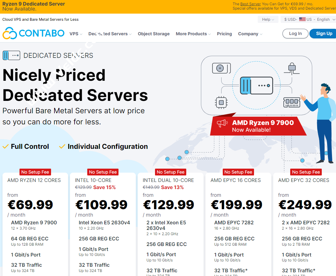 Contabo：AMD Ryzen9 7900高性能自选配服务器，可选德国/英国/美国/日本/新加坡/澳大利亚机房，1Gbps带宽@32TB流量，月付$89.99起