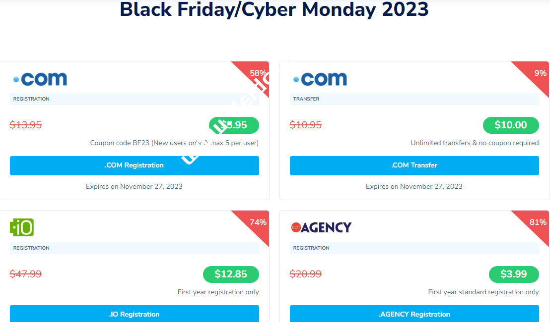黑五域名注册优惠，Namesilo新用户注册.com 域名 $5.95；Dynadot注册.net域名 $2.99