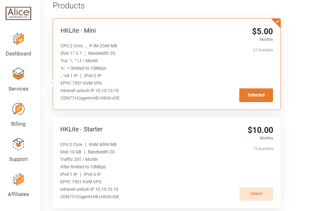 Alice Networks：香港国际线路VPS，EPYC 7551 CPU/1-5Gbps大带宽/CDN77+Cogent+HE+HKIX+EIE，月付$5起